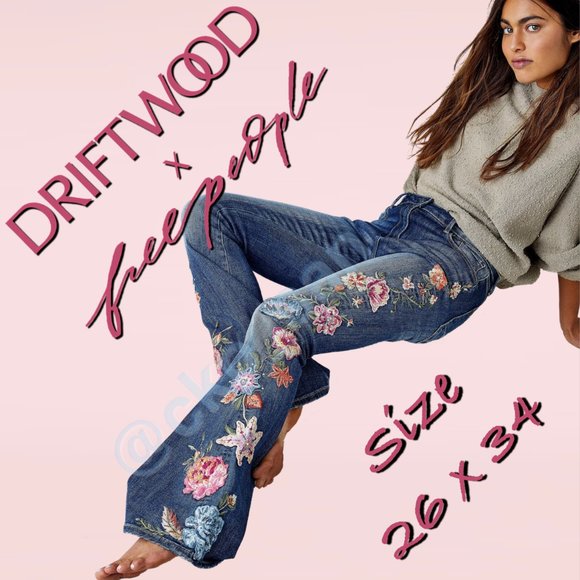 Free People x Driftwood Farrah Embroidered Flare Jeans Sz 26